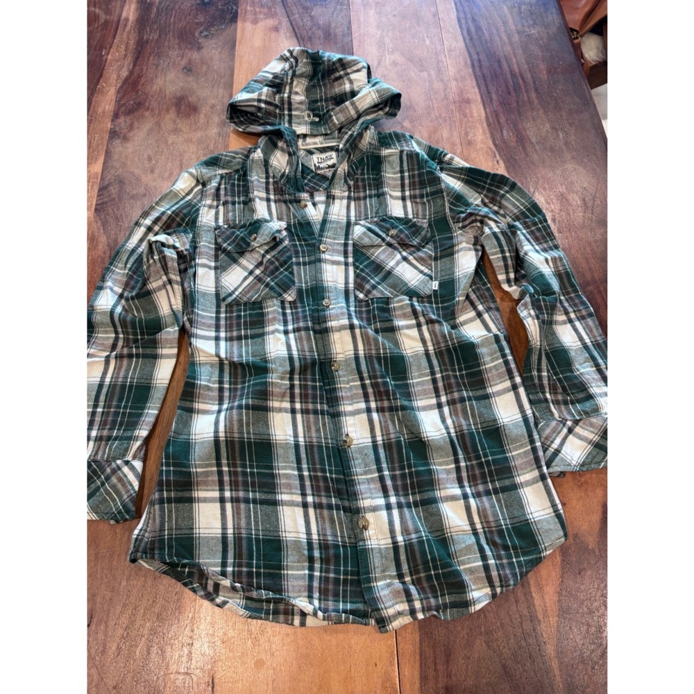 Aritzia TNA plaid hooded green flannel shirt women XS boyfriend fit cotton soft